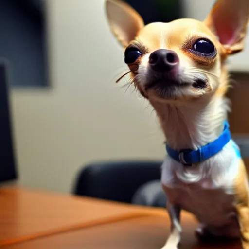 Image similar to a chihuahua smoking weed in an office