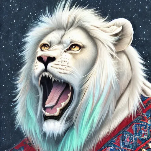 Prompt: aesthetic portrait commission of a albino male furry anthro lion wearing a traditional intricately designed mint colored Kimono, detailed face , hyperdetailed, snowy winter atmosphere. Character design by charlie bowater, ross tran, artgerm, and makoto shinkai, detailed, inked, western comic book art, 2021 award winning painting