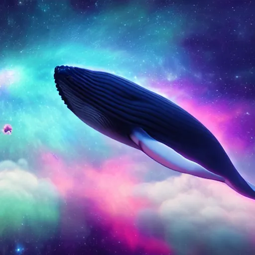 Image similar to A whale floating through the colorful cosmos containing multiple nebula, rendered in unreal engine 5