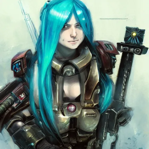 Image similar to portrait of a warhammer 4 0 k miku hatsune, epic, tragic, military art, fantasy, dieselpunk, hd shot, digital portrait, beautiful, artstation, comic style, by artgerm, guy denning, jakub rozalski, magali villeneuve and charlie bowater