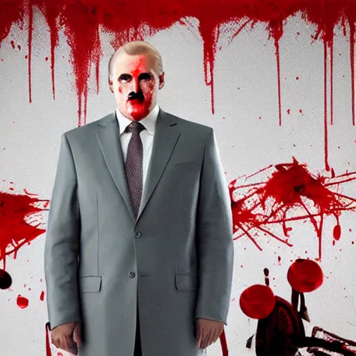 Prompt: Alexander Lukashenko as the American Psycho, staring psychopathically, sweating hard, covered in blood, cinematic still