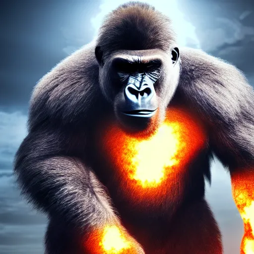 Image similar to Still Image of an Angry Gorilla going Super Saiyan, glowing eyes, realistic, 4k, detailed