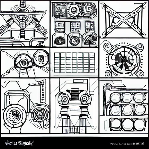 Image similar to futuristic mechanical panel lines, vector art style, black and white, front view