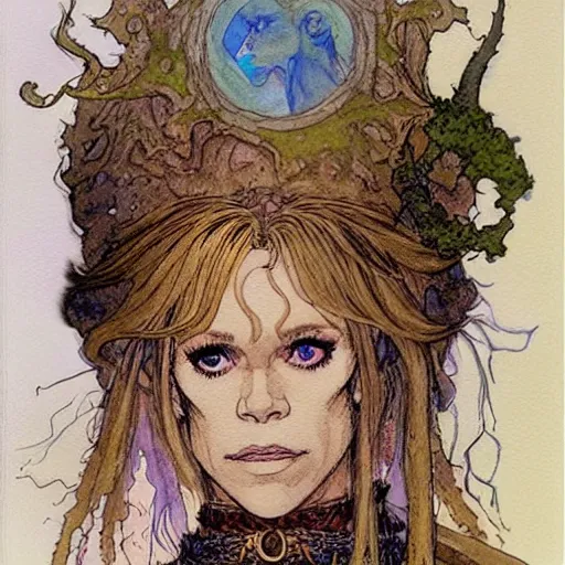 Prompt: a realistic and atmospheric watercolour fantasy character concept art portrait of jane fonda in her 2 0 s as a druidic warrior wizard looking at the camera with an intelligent gaze by rebecca guay, michael kaluta, charles vess and jean moebius giraud