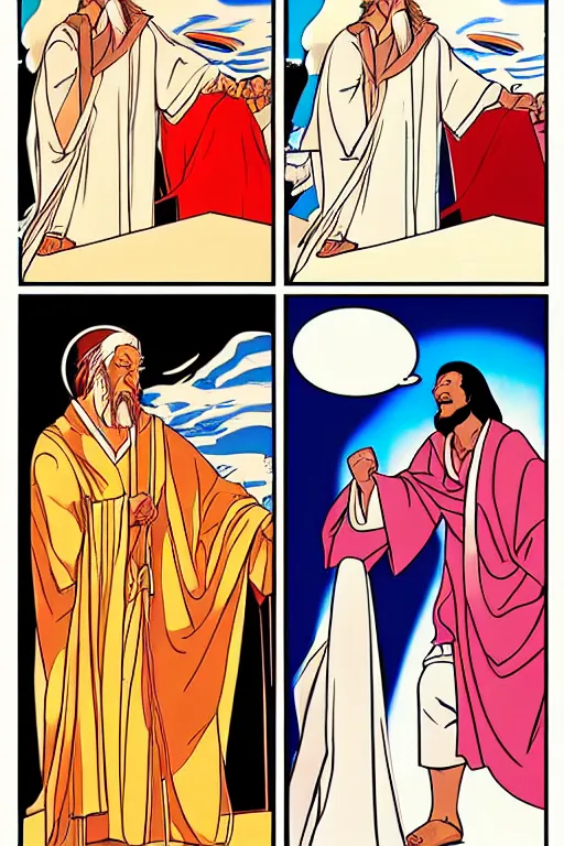 Image similar to moses againts god, realistic, art by tafy laplanche, colored by hiroshi nagai