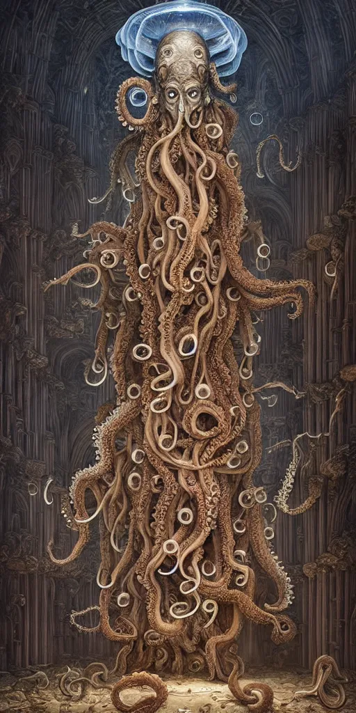 Image similar to group of mankind mages with octopus heads a lot of jellyfish floating around inside an ancient mage castle hall colossal scale, gothic and baroque, brutalist architecture, ultradetailed, Intricate by Ellen Jewett and Josan Gonzalez and Giuseppe Arcimboldo