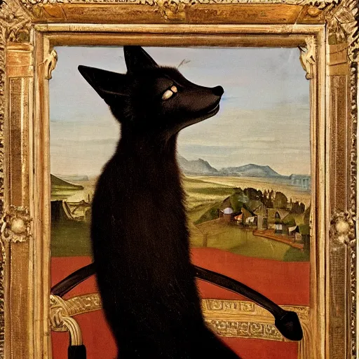 Image similar to the renaissance painting of a female anthropomorphic black fox, sitting and wearing a renaissance socialite dress