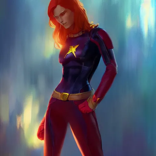 Prompt: jean grey, a half body of jean grey, comic, x - men, marvel, vivid colors, soft lighting, atmospheric, cinematic, moody, in the style of krenz cushart, oil on canvas, 8 k