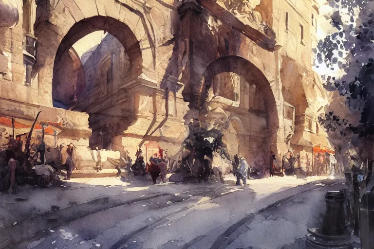 Prompt: small centered on watercolor paper, paint brush strokes, abstract watercolor painting of ancient roman arcs in bright daylight, cinematic light, national romanticism by hans dahl, by jesper ejsing, by anders zorn, by greg rutkowski, by greg manchess, by tyler edlin