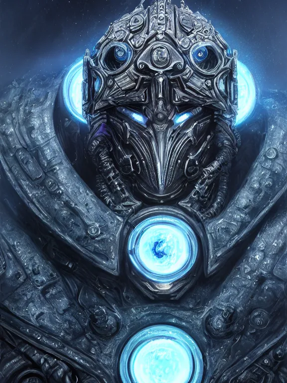 Image similar to portrait art of 8k ultra realistic retro futuristic lich king , galaxy reflected helmet , detailed intricate ornate armour,eldritch horror,blade runner, cybernetic, full of colour, cinematic lighting, battered, trending on artstation, 4k, hyperrealistic, focused, extreme details,unreal engine 5, cinematic, masterpiece, art by ayami kojima, giger