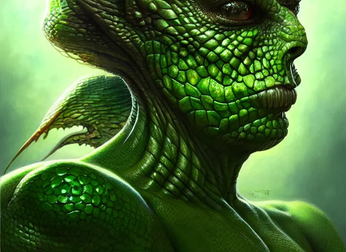 Image similar to alex jones reptile eyes, green skin. intricate, elegant, highly detailed, centered, digital painting, artstation, concept art, smooth, sharp focus, illustration, artgerm, tomasz alen kopera, peter mohrbacher, donato giancola, joseph christian leyendecker, wlop, frank frazetta