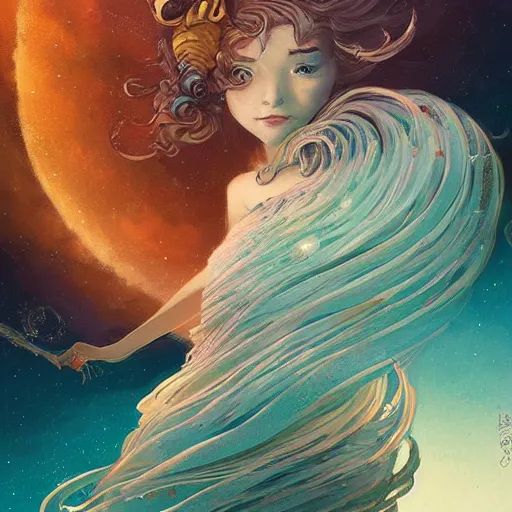 Prompt: harmony of swirly clouds, pirat girl wearing the ocean as a dress, night sky with stars, by wlop, james jean, victo ngai! muted colors, highly detailed, fantasy art by craig mullins, thomas kinkade