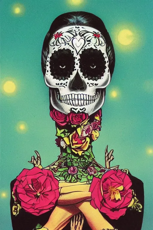 Prompt: Illustration of a sugar skull day of the dead girl, art by vincent di fate