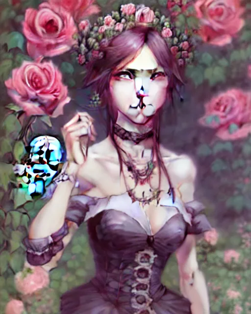 Image similar to an elegant lady surrounded by skulls in a garden full of roses, final fantasy, cushart krenz, cushart krenz, very detailed, realistic face, detailed face, matte, tonemapping, perfection, 4 k,