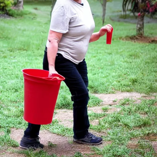 Prompt: a middle aged woman, long grey hair, red shirt, carrying a bucket.