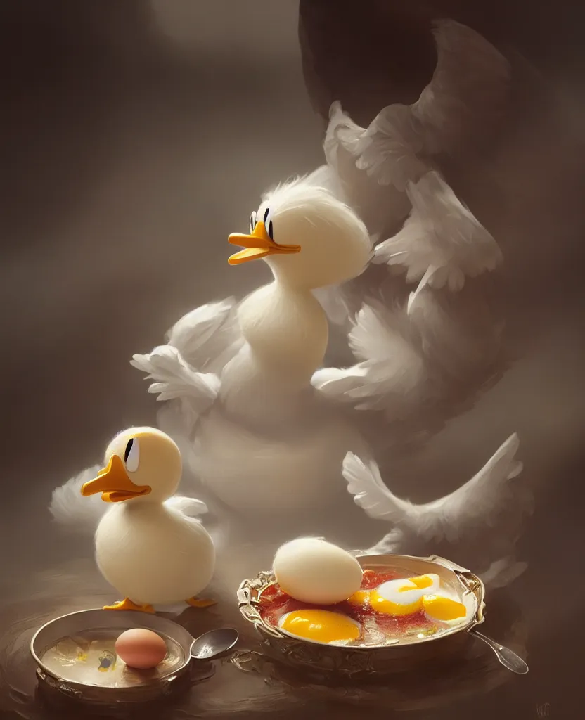 Image similar to realistic photography of a disgusted donald duck eating dirty eggs, deep focus, intricate, elegant, highly detailed, foggy, misterious, digital painting, artstation, concept art, matte, sharp focus, illustration, art by artgerm and greg rutkowski and alphonse mucha