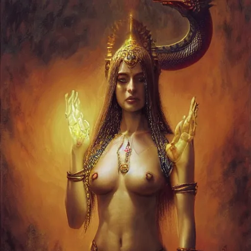 Image similar to cute female bellydancer dragon, ultra realistic, anthropomorphic, stuning 3 d render, masterpiece, glowing holy aura, by donato giancola and greg rutkowski and wayne barlow and zdzisław beksinski, realistic face