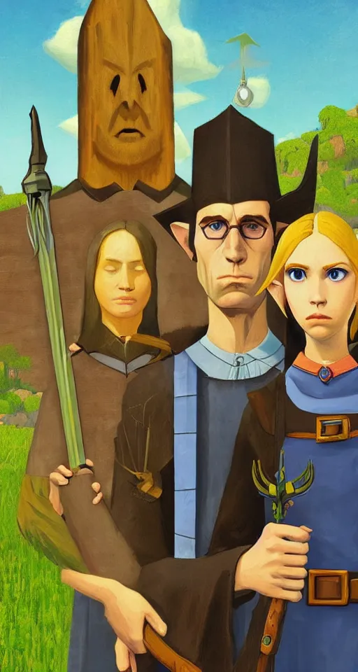 Image similar to american gothic by grant wood in the style of Legend of Zelda: Breath of the wild