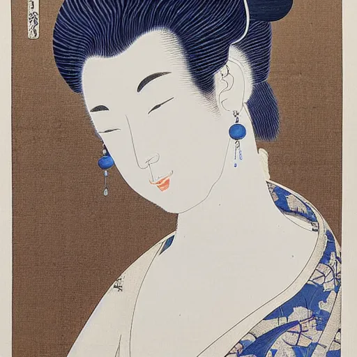 Image similar to Sculpture. A beatiful portrait of a young woman, pictured from the shoulders up, wearing a pearl necklace and earrings. She has blonde hair that is styled in loose curls, and she is looking to the side with a soft expression. cool indigo by Katsushika Hokusai, by Mat Collishaw robust