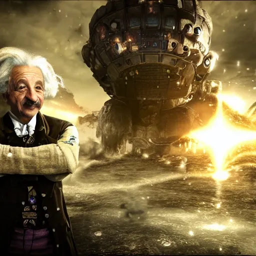 Image similar to albert einstein as willy wonka in gears of war, splash art, movie still, cinematic lighting, dramatic, octane render, long lens, shallow depth of field, bokeh, anamorphic lens flare, 8 k, hyper detailed, 3 5 mm film grain