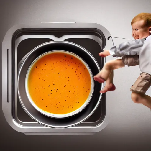 Prompt: anthropomorphized instant soup taking a miniature human out of the microwave. 8k. photorealism