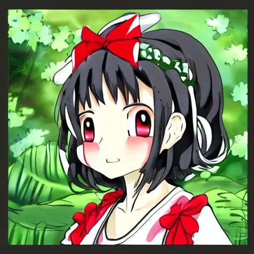 Prompt: a digital anime drawing of reimu in the jungle wearing bonnet