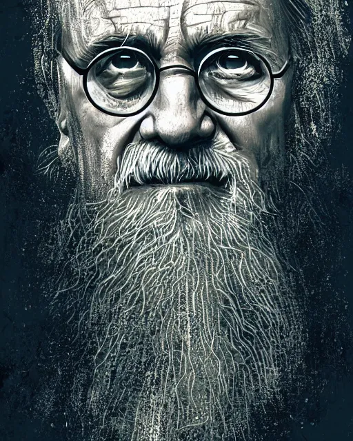 Image similar to a highly detailed portrait of Harry Potter as an old man, head and shoulders portrait, intricate, digital painting, old english, raining, sepia, particles floating, whimsical background by marc simonetti, artwork by ramond swanland and liam wong