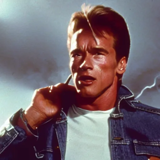 Prompt: arnold schwarzenegger as marty mcfly in the movie back to the future, movie still 8 k hdr atmospheric lighting