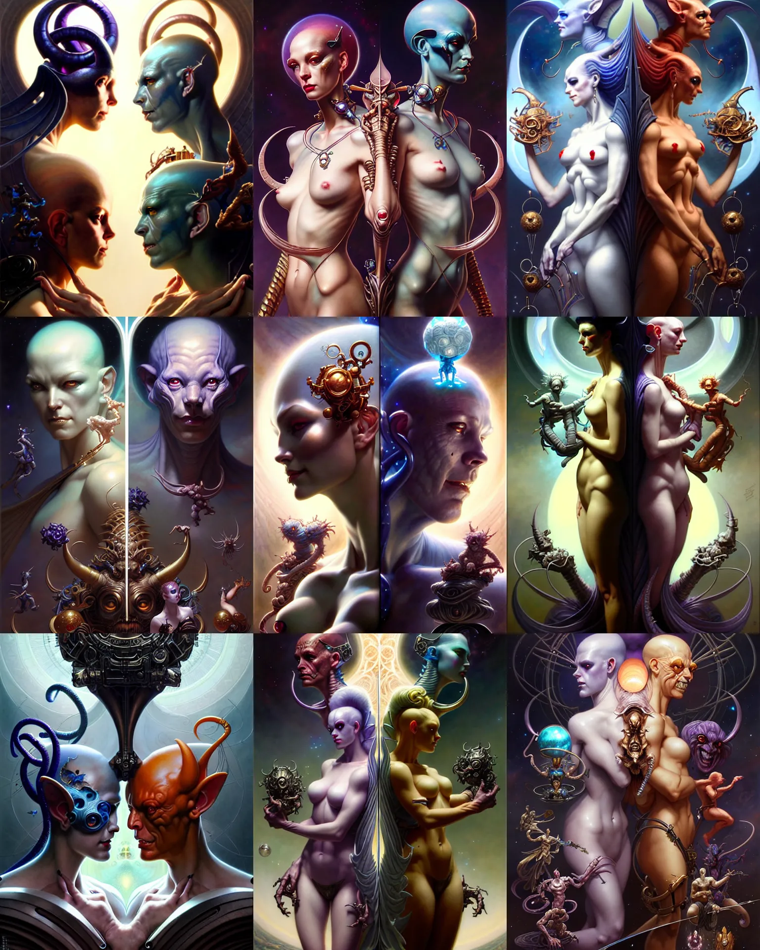 Image similar to beautiful gemini good and evil, happy and sad faces, fantasy character portrait, ultra realistic, wide angle, intricate details, the fifth element artifacts, highly detailed by peter mohrbacher, boris vallejo, hajime sorayama, wayne barlowe, aaron horkey, gaston bussiere, craig mullins