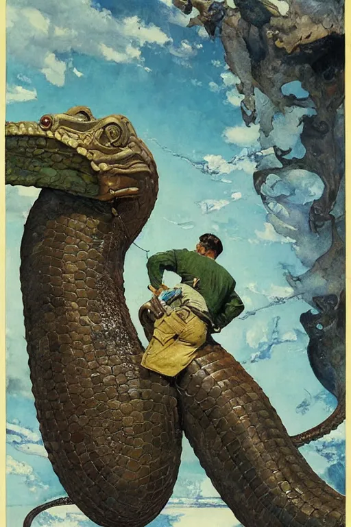 Image similar to giant serpent creature, norman rockwell, jacob collins, tom lovell, frank schoonover, james gurney