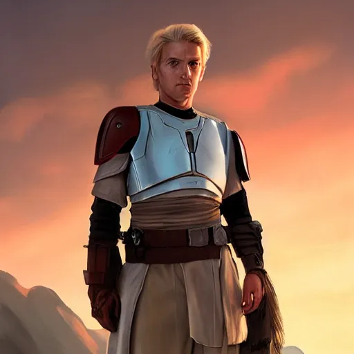 Image similar to a young blonde male jedi with short hair standing still looking at the sunset concept art by Doug Chiang cinematic, realistic painting, high definition, concept art, the Mandalorian concept art style