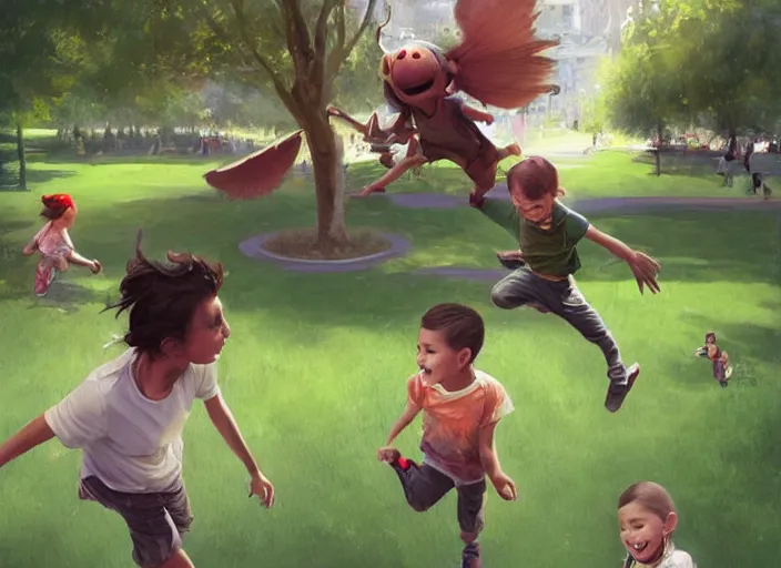 Image similar to happy children fly through a public park, by alejandro burdisio and bob bylerley and greg rutkowski