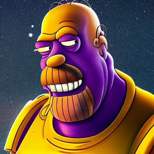 Image similar to CG Homer Simpson as Thanos, cinematic, 4K