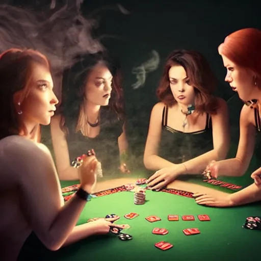 Image similar to female angels smoking pot and playing poker in a dark room, cinematic