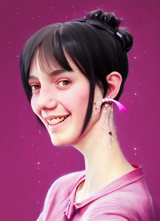 Image similar to portrait of high school girl, realistic, black hair, bangs, half updo hairstyle, pointy nose, skinny, smile, ugly, defined jawline, big chin, pink hair bow, earrings, intricate, elegant, glowing lights, highly detailed, digital painting, artstation, sharp focus, illustration, art by wlop, mars ravelo and greg rutkowski