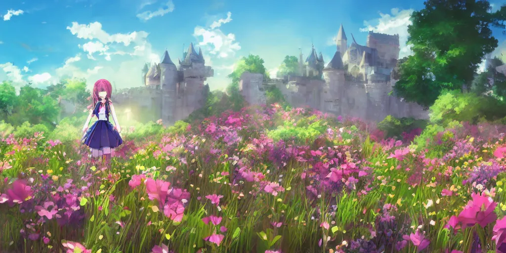 Prompt: anime girl, scenic, landscape, castle, large field of flowers, digital art