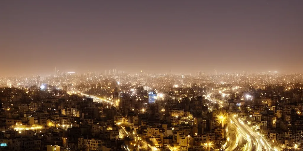 Prompt: tehran skyline in a winter night, full moon in the sky, two lovers kissing