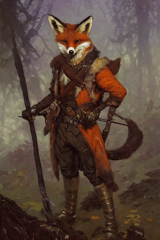 Prompt: a cunning anthropomorphic fox ranger, wearing detailed leather armor, character illustration by greg rutkowski, thomas kindkade, alphonse mucha, loish, norman rockwell
