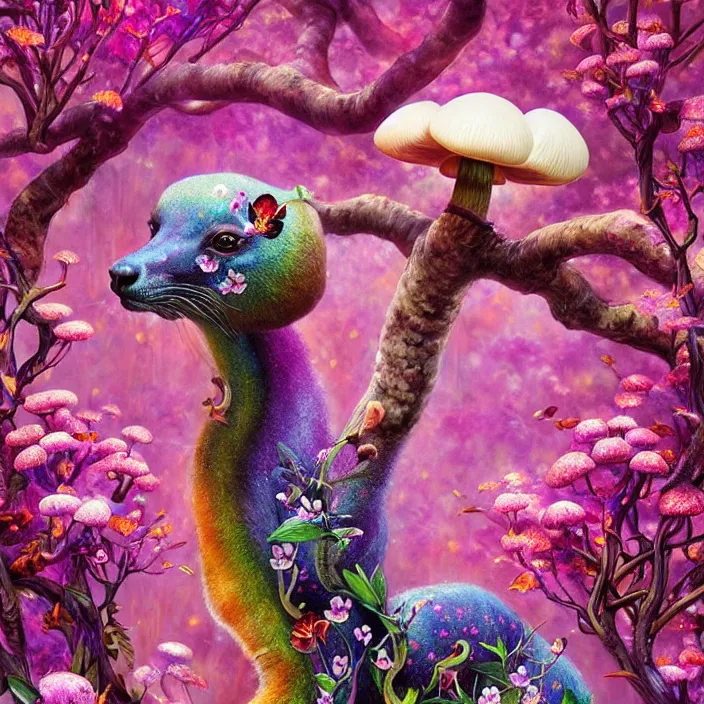 Image similar to extremely psychedelic animal made of orchid and cherry blossom tree and mushroom, LSD animal, diffuse lighting, fantasy, intricate, elegant, highly detailed, lifelike, photorealistic, digital painting, artstation, illustration, concept art, smooth, sharp focus, art by John Collier and Albert Aublet and Krenz Cushart and Artem Demura and Alphonse Mucha
