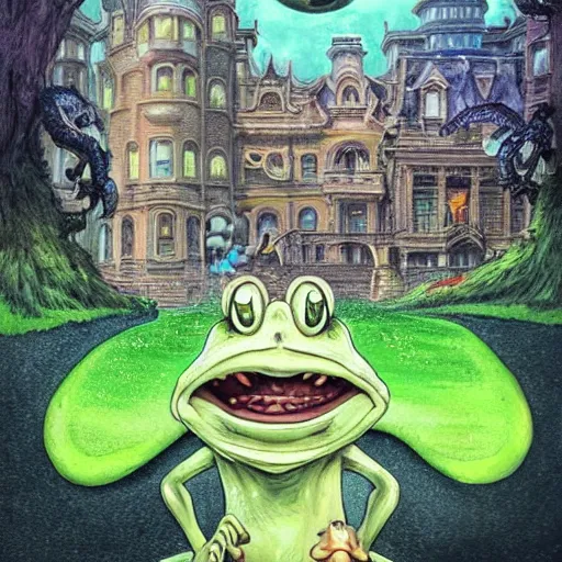 Prompt: A portrait of a scary godlike anthropomorphic frog smoking a cigarette , mushroom mansion in the background . award winning. superb resolution. in the art style of junji Ito and greg rutkowski . Detailed Mushroom city in background. Hyper realistic anime. Perfect art. Dalle2