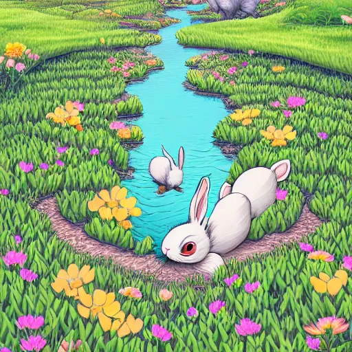 Prompt: rabbit burrow beside a flower lined river extremely detailed, sharp focus, wide view, full body shot, smooth, digital illustration, by james jean, by rossdraws, frank franzzeta, sakimichan