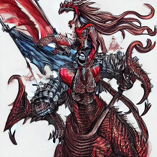 Image similar to Lady Liberty riding the red dragon of 龙, illustration, concept art, in the style of Arthur Adams