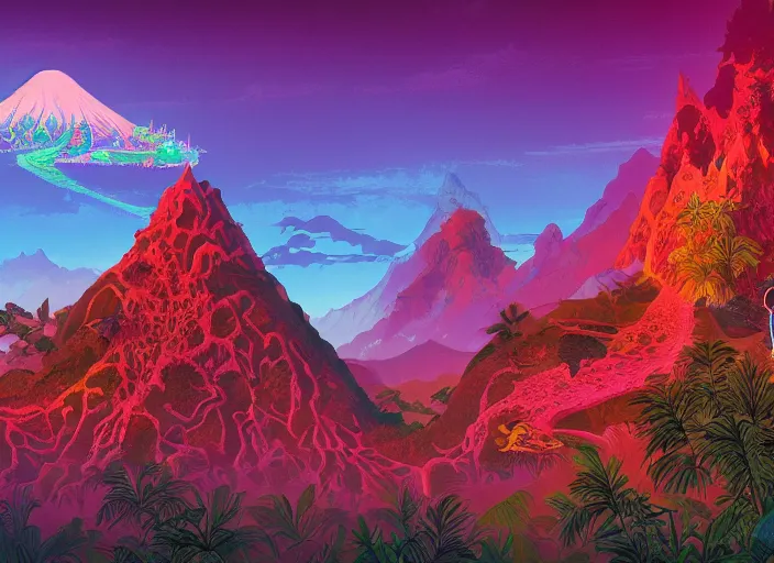 Prompt: psychedelic art of dinosaurs and volcanoes, jungle landscape, detailed, cel shaded, by makoto shinkai and moebius and anton fadeev and james gurney