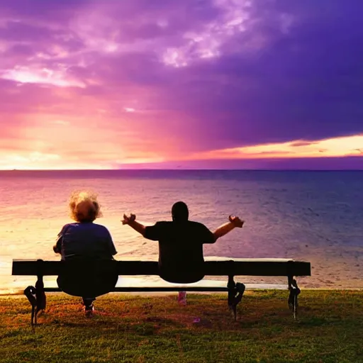 Image similar to a photo of a couple sitting on a park bench looking at a beautiful purple and yellow sunset over the ocean. The sky is green