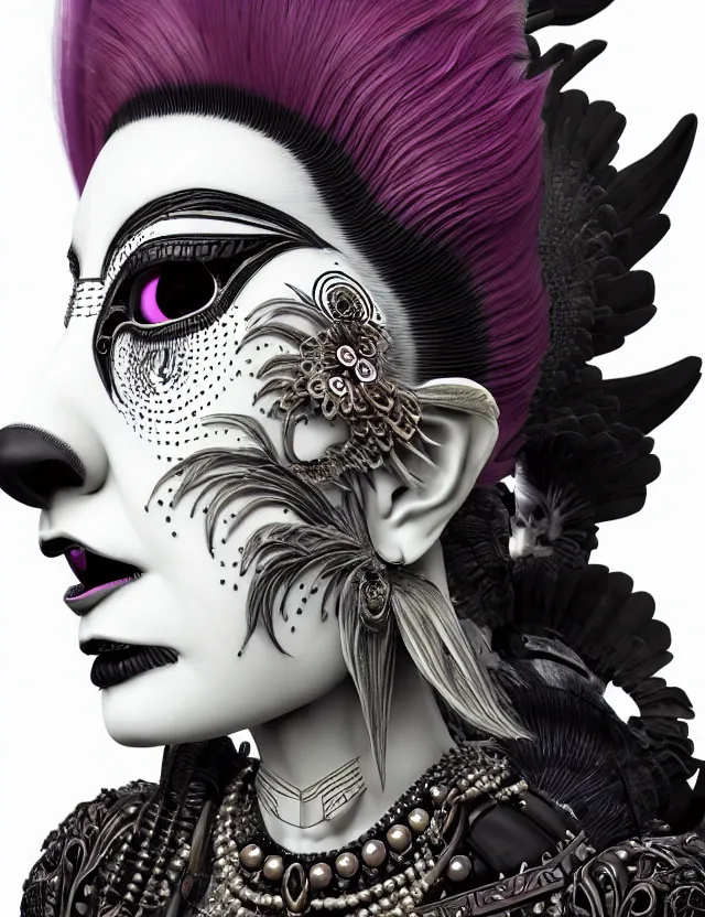 Image similar to 3 d goddess close - up profile portrait punk with mohawk in victorian style with ram skull. beautiful intricately detailed japanese crow kitsune mask and clasical japanese kimono. betta fish, jellyfish phoenix, bio luminescent, plasma, ice, water, wind, creature, artwork by tooth wu and wlop and beeple and greg rutkowski