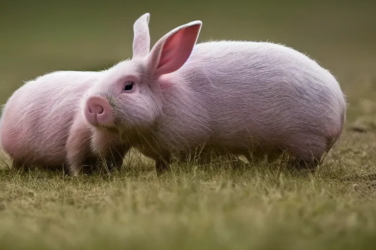 Prompt: a bunny pig!!! hybrid! hyper realistic!! realistic lighting!! wildlife photographer of the year!!! bold natural colors, national geographic, hd, wide angle, 8 k