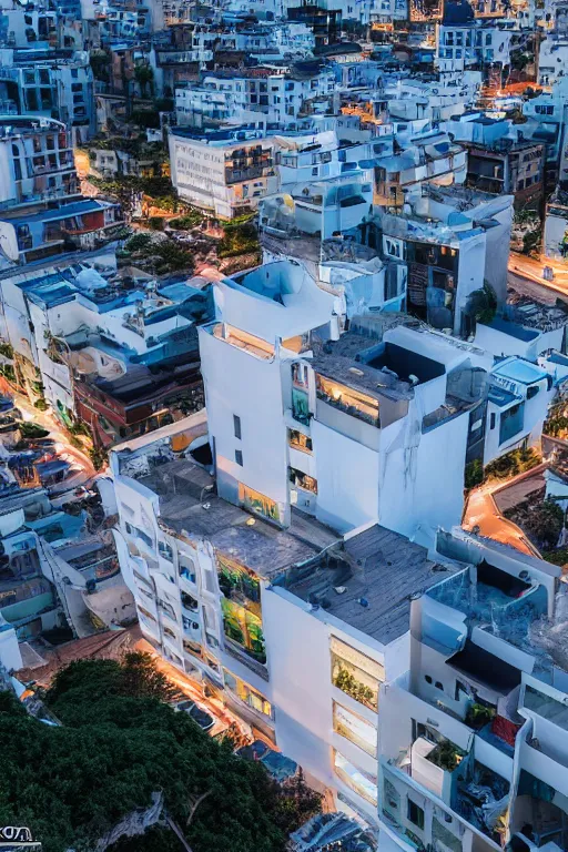 Image similar to buliding design by ricardo bofil, function is residential ， people take pohto at the roof ， dusk seaside ， photography ， 8 k