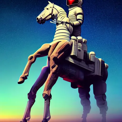 Image similar to digital art of horse situated on top of an human astronaut back. from western by hiroyuki okiura and katsuhiro otomo and alejandro hodorovski style with many details by mike winkelmann and vincent di fate in sci - fi style. volumetric natural light photo on dsmc 3 system,