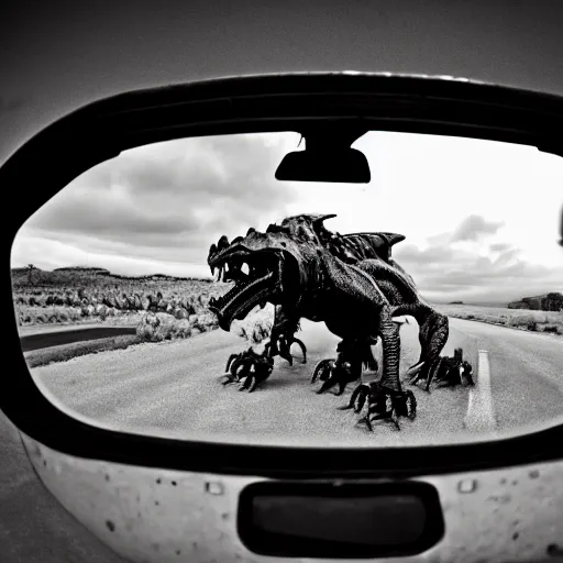 Image similar to deathclaw, monster driving the car, wide lens, 2 4 mm