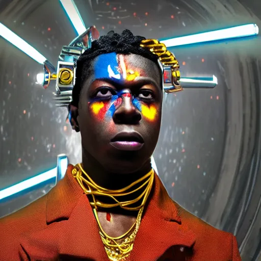 Image similar to a cinematic film still of rapper unotheactivist as a cybernetic cyborg, cgi, surrealism, film photography